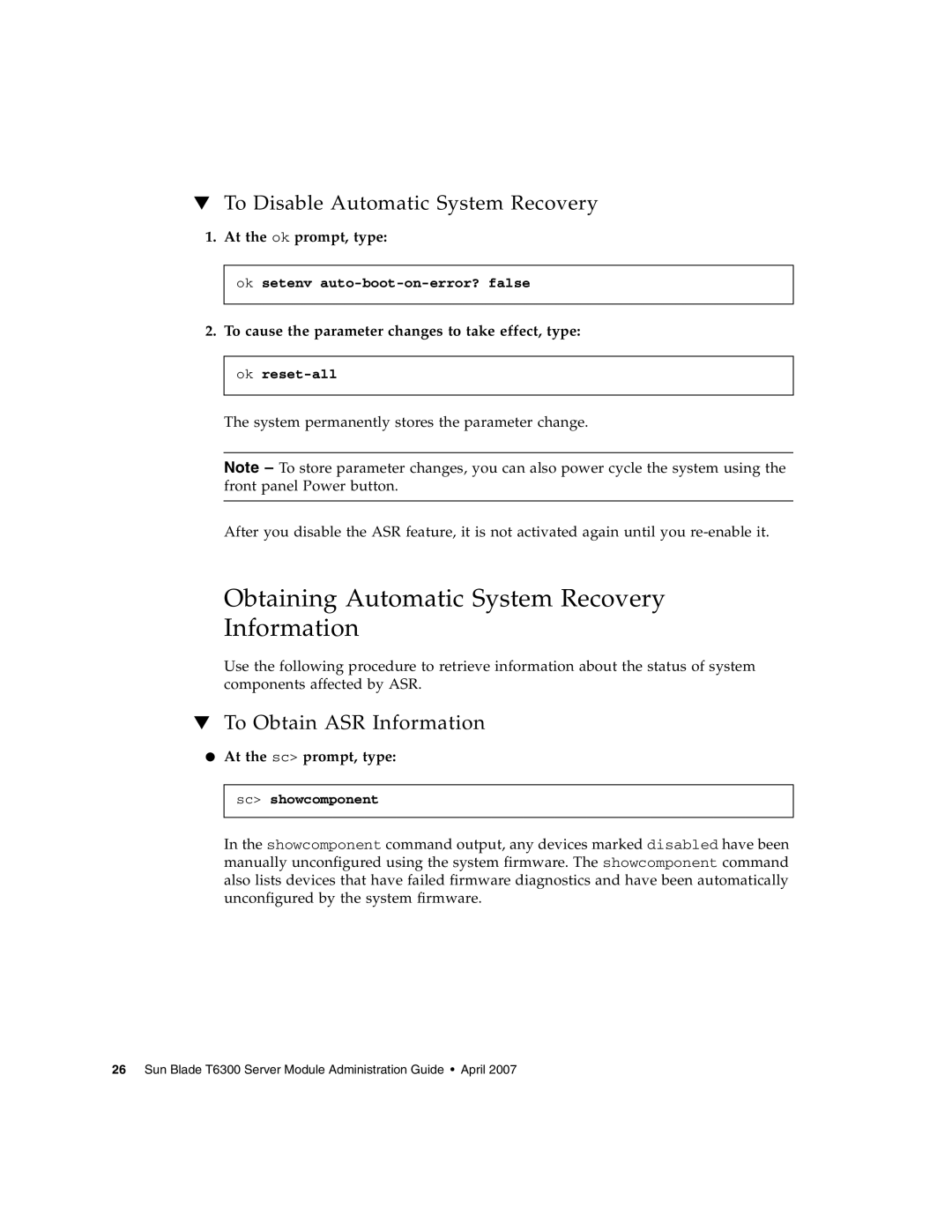 Sun Microsystems T6300 manual Obtaining Automatic System Recovery Information, To Disable Automatic System Recovery 