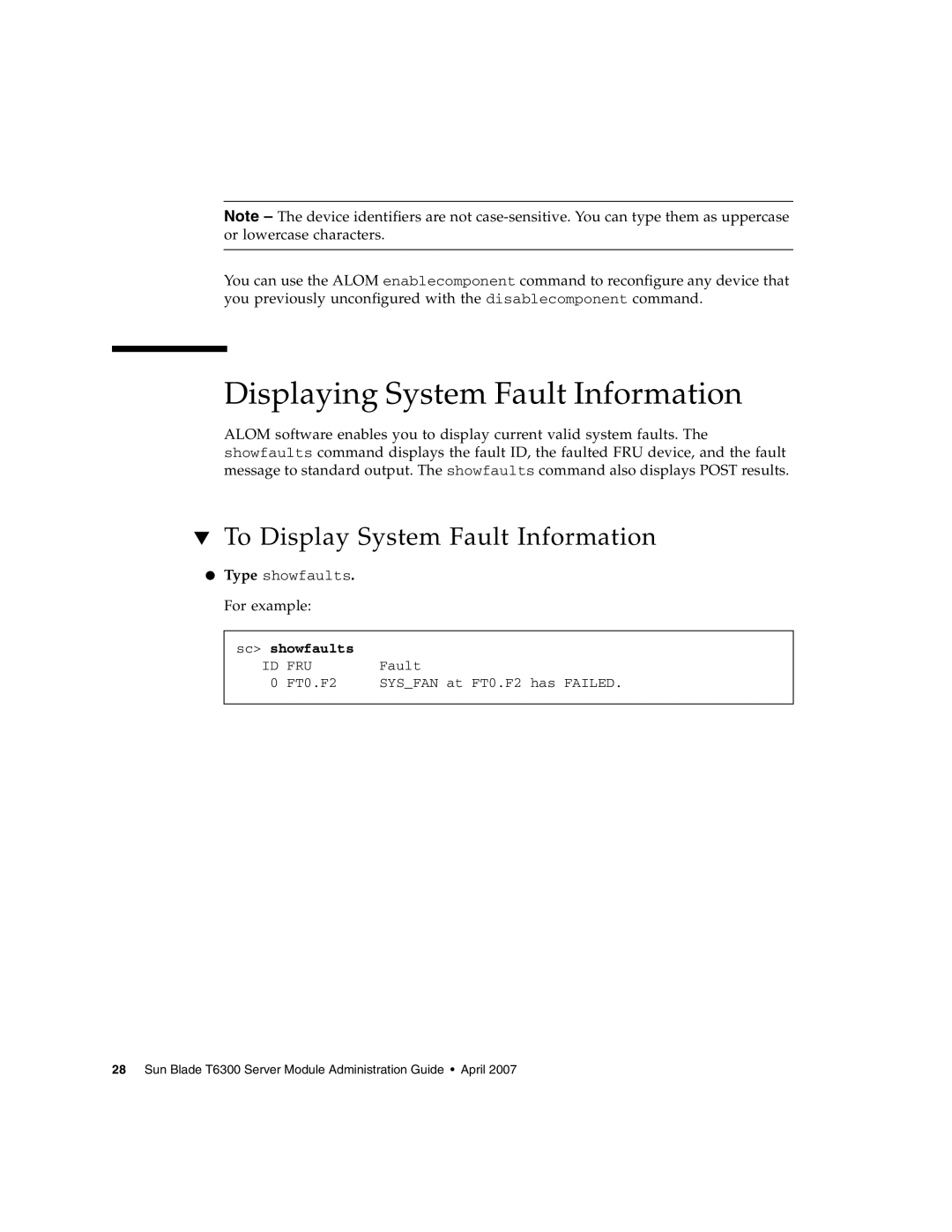 Sun Microsystems T6300 manual Displaying System Fault Information, To Display System Fault Information 