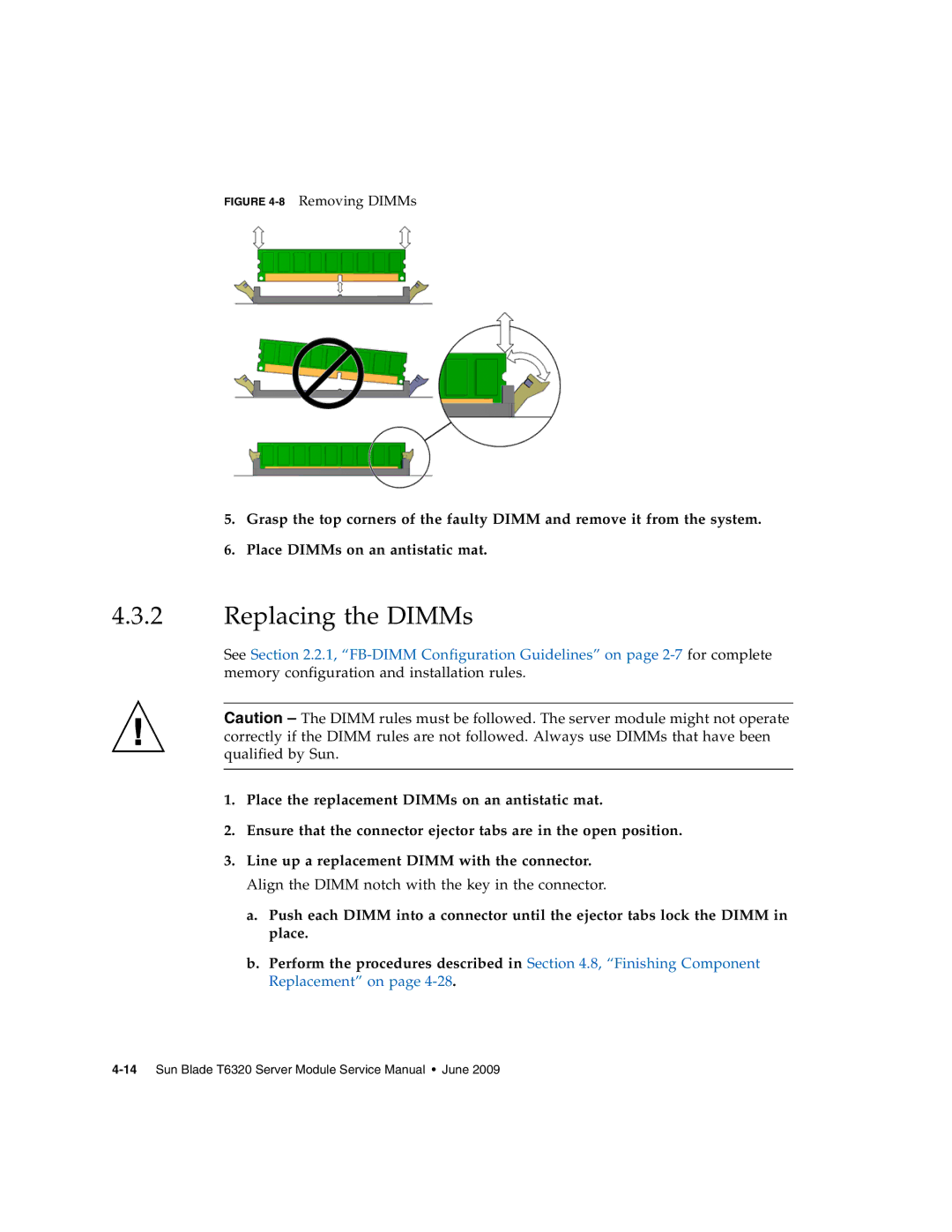 Sun Microsystems T6320 service manual Replacing the DIMMs, 8Removing DIMMs 