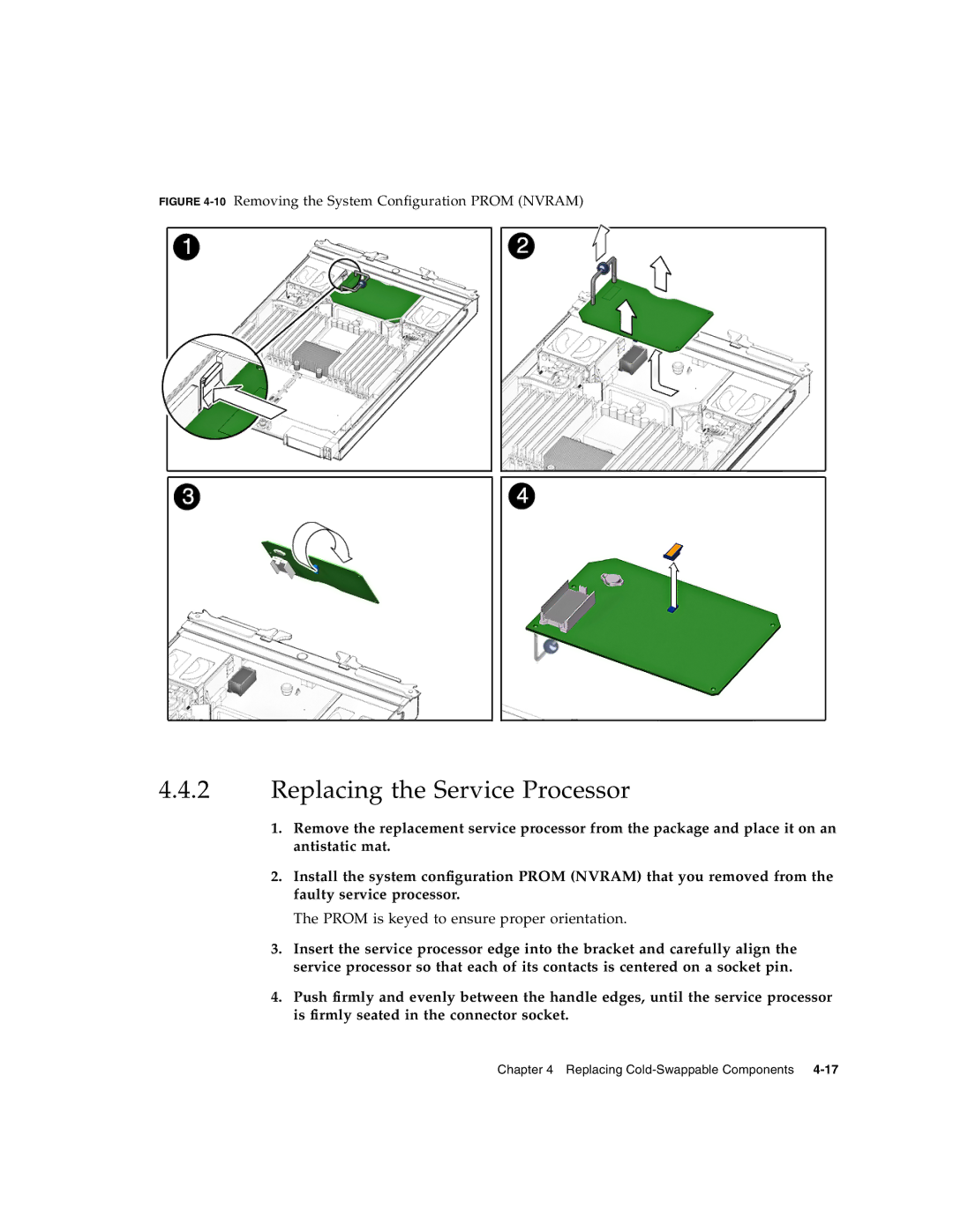 Sun Microsystems T6320 service manual Replacing the Service Processor, Prom is keyed to ensure proper orientation 