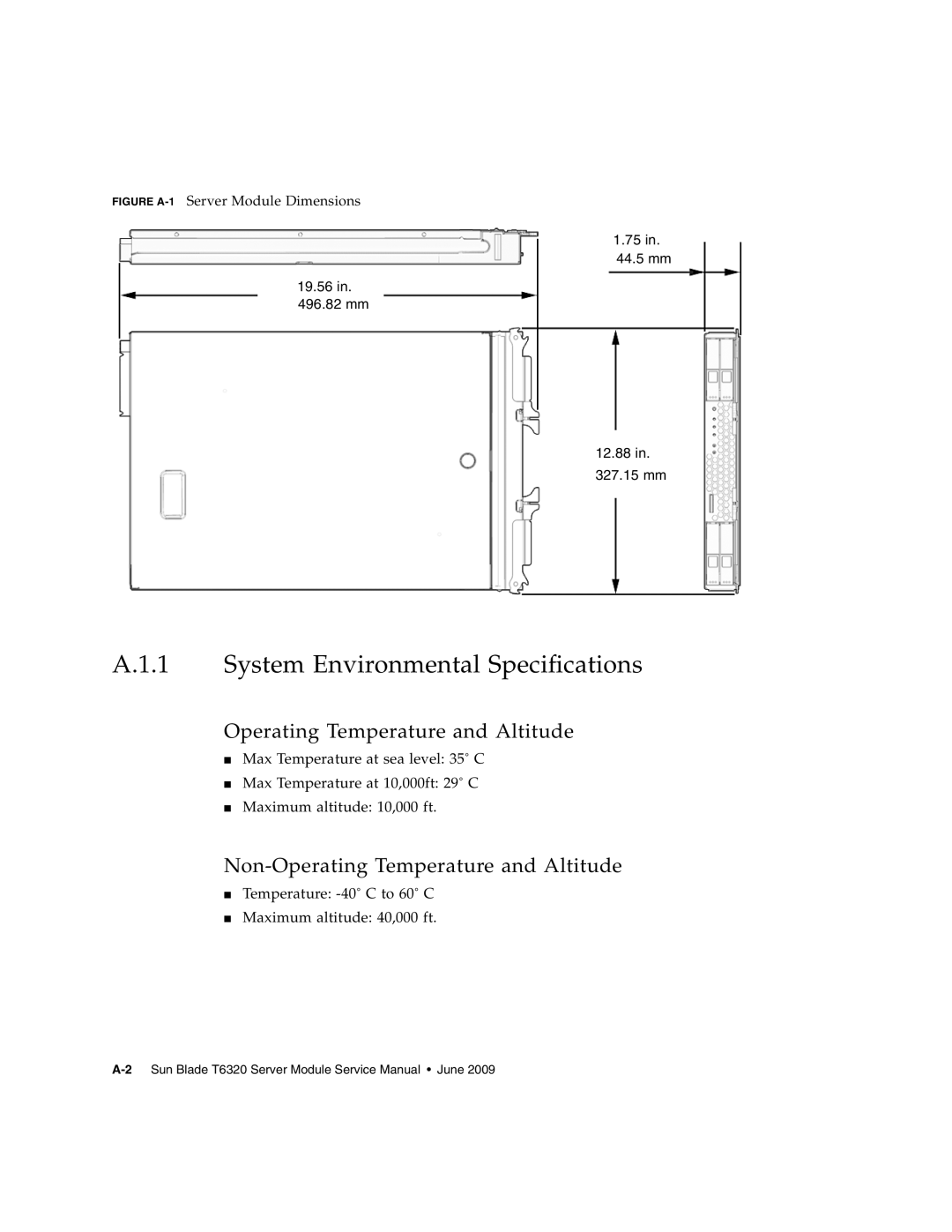 Sun Microsystems T6320 service manual System Environmental Specifications, Operating Temperature and Altitude 