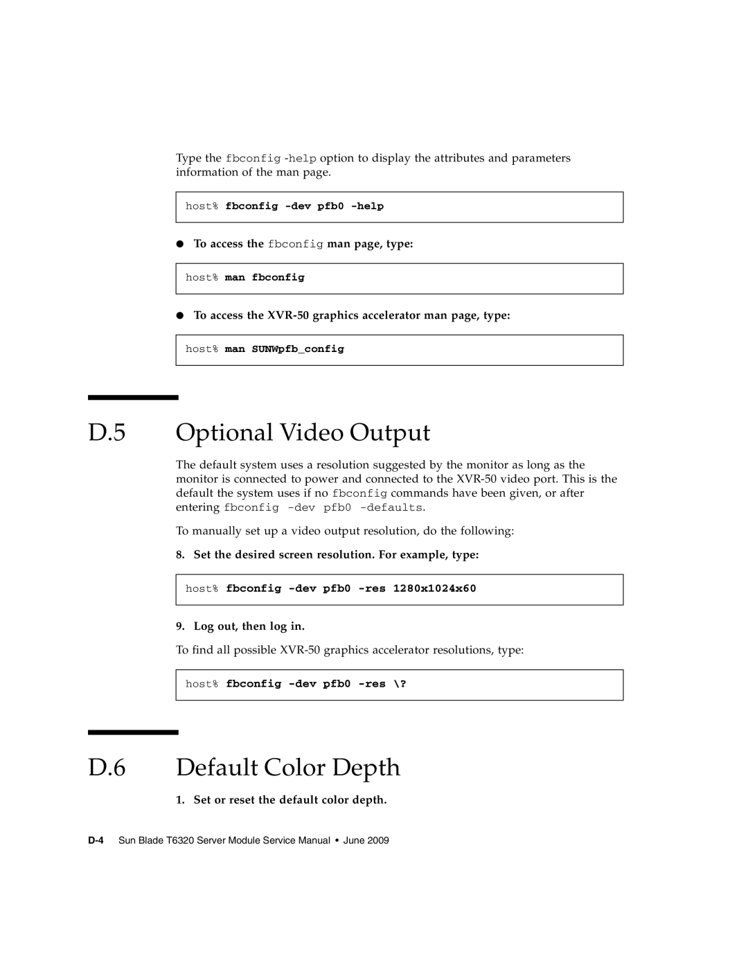 Sun Microsystems T6320 service manual Optional Video Output, Default Color Depth 