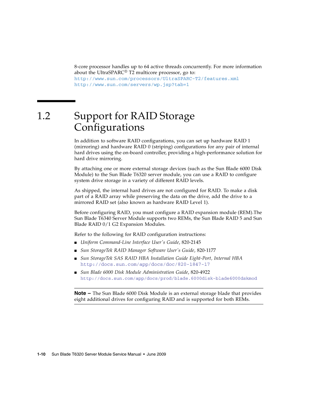 Sun Microsystems T6320 service manual Support for RAID Storage Configurations 