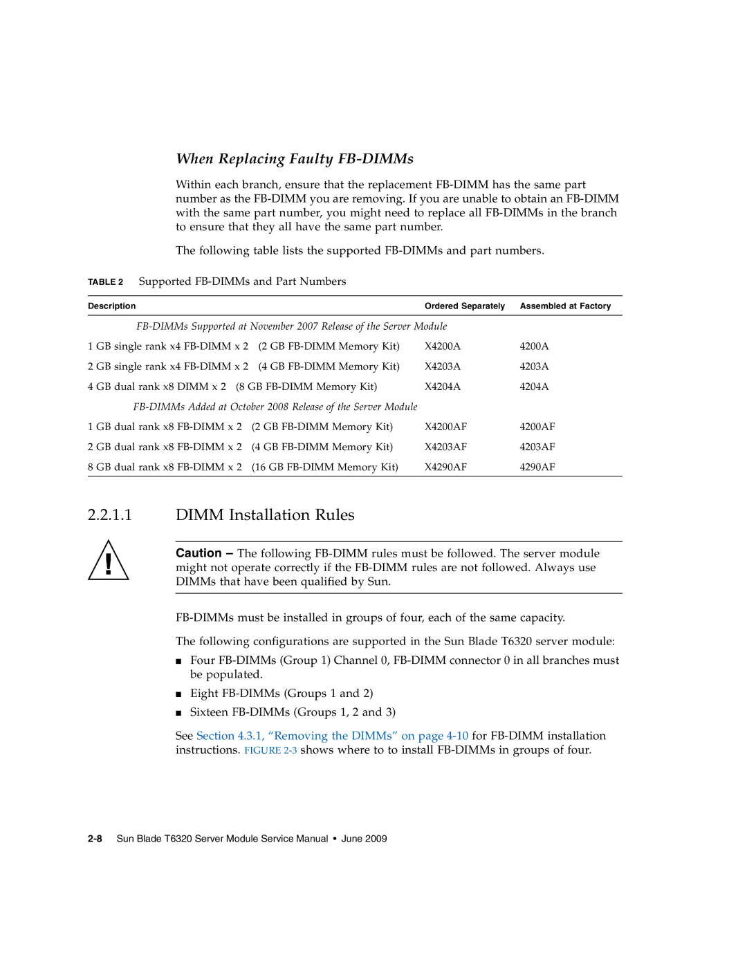 Sun Microsystems T6320 service manual Dimm Installation Rules, Supported FB-DIMMs and Part Numbers 