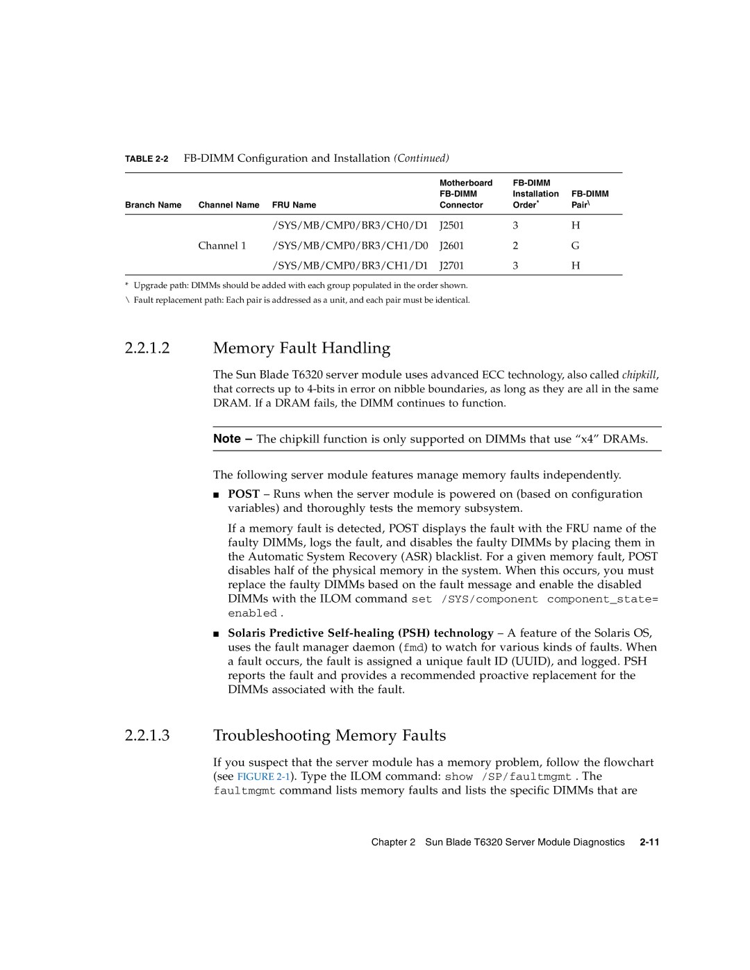 Sun Microsystems T6320 Memory Fault Handling, Troubleshooting Memory Faults, 2FB-DIMM Configuration and Installation 