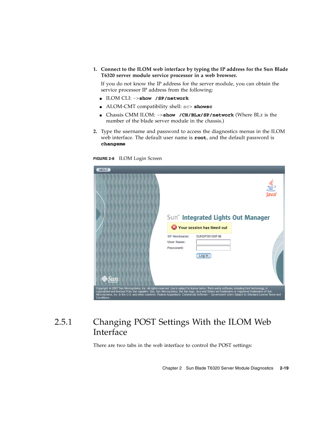 Sun Microsystems T6320 service manual Changing Post Settings With the Ilom Web Interface, 8ILOM Login Screen 