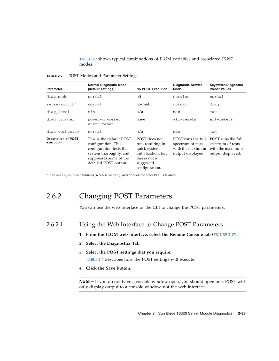 Sun Microsystems T6320 Changing Post Parameters, Using the Web Interface to Change Post Parameters, Click the Save button 