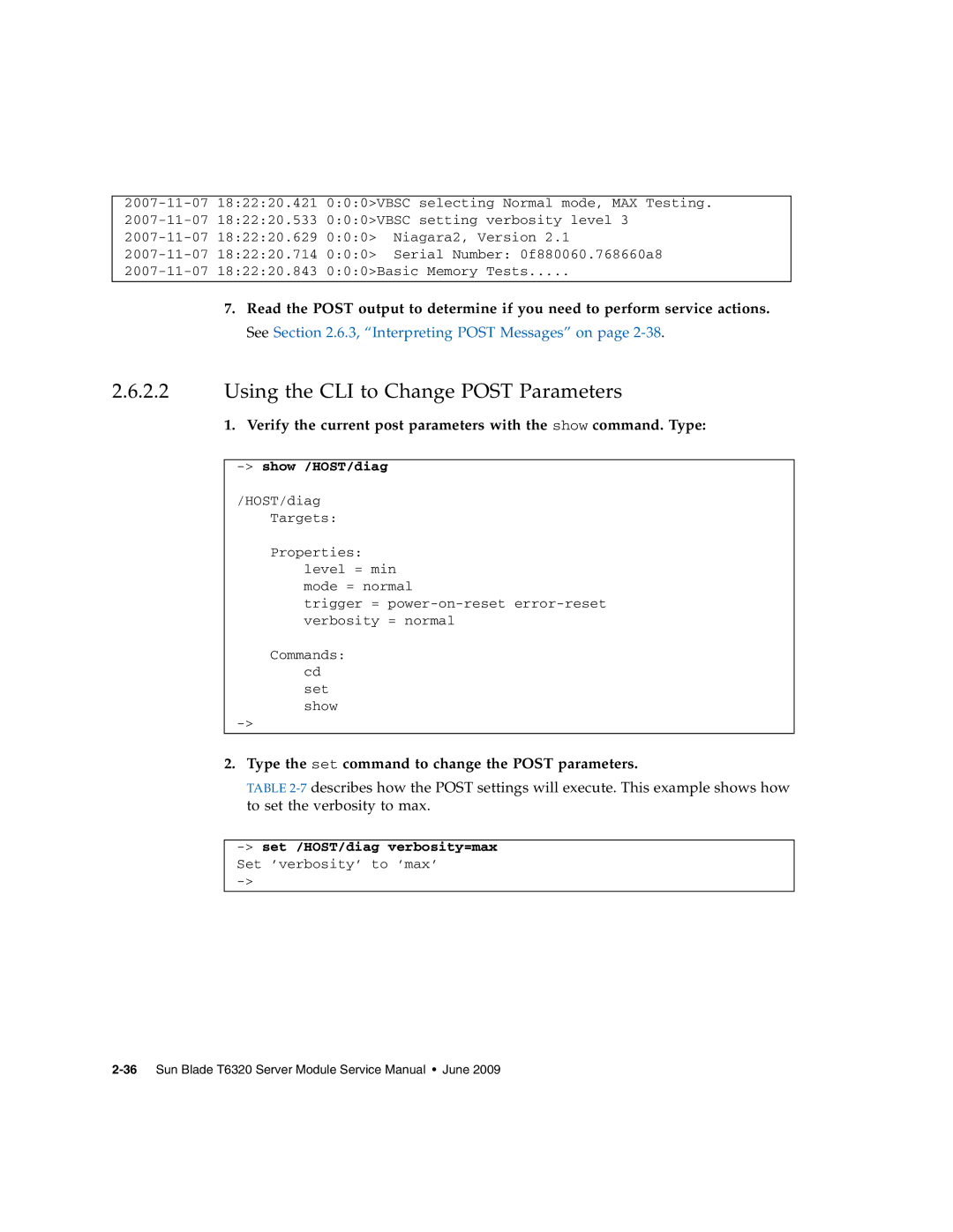 Sun Microsystems T6320 Using the CLI to Change Post Parameters, Type the set command to change the Post parameters 