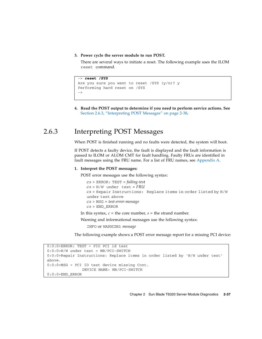 Sun Microsystems T6320 Interpreting Post Messages, Power cycle the server module to run Post, Interpret the Post messages 