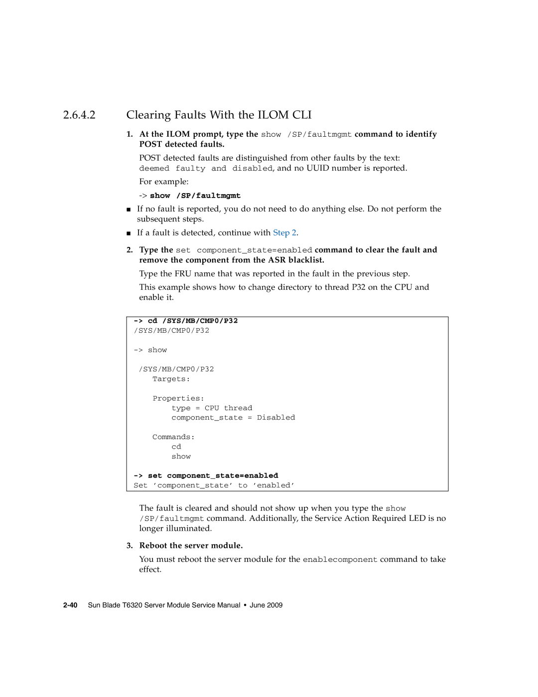 Sun Microsystems T6320 service manual Clearing Faults With the Ilom CLI, Reboot the server module, Cd /SYS/MB/CMP0/P32 