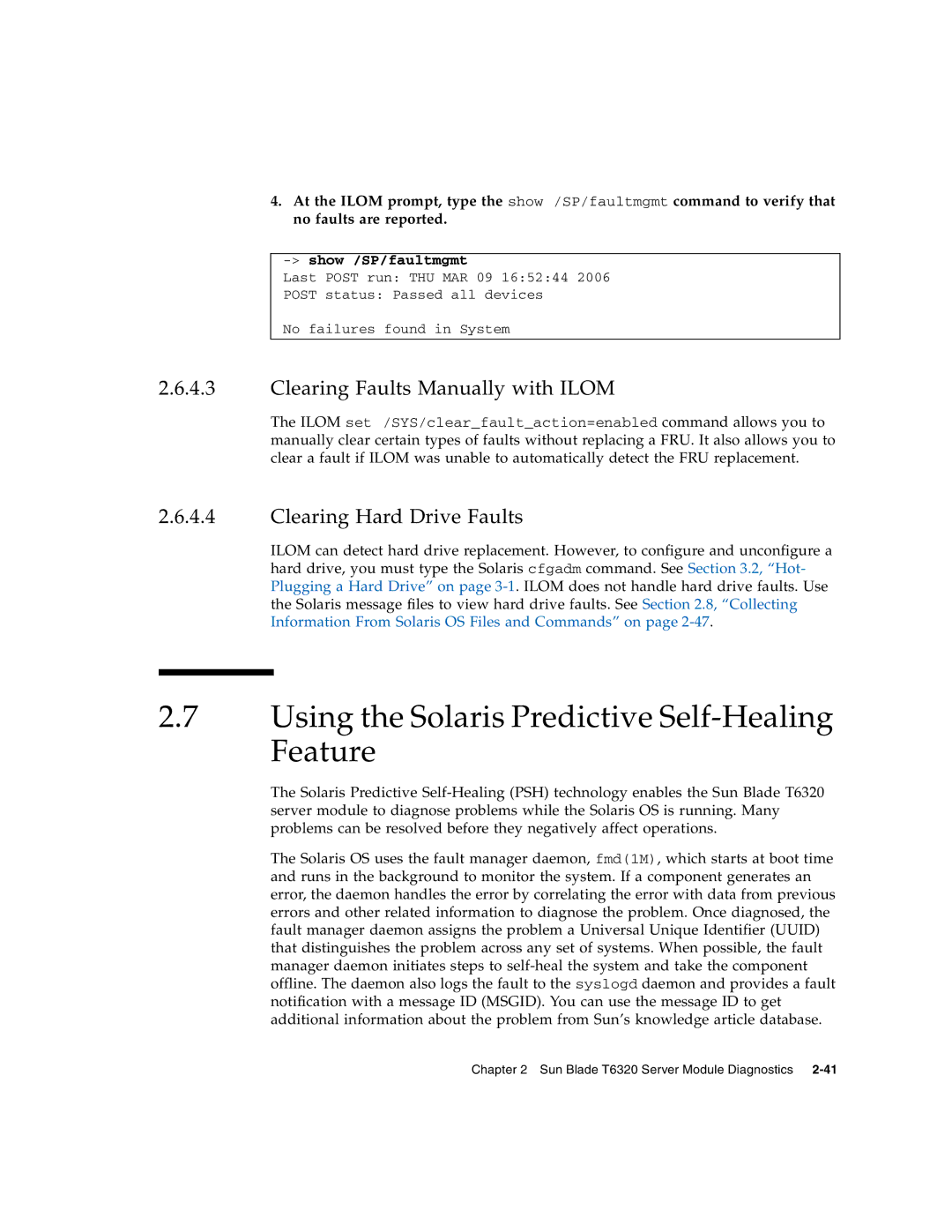 Sun Microsystems T6320 service manual Using the Solaris Predictive Self-Healing Feature, Clearing Faults Manually with Ilom 