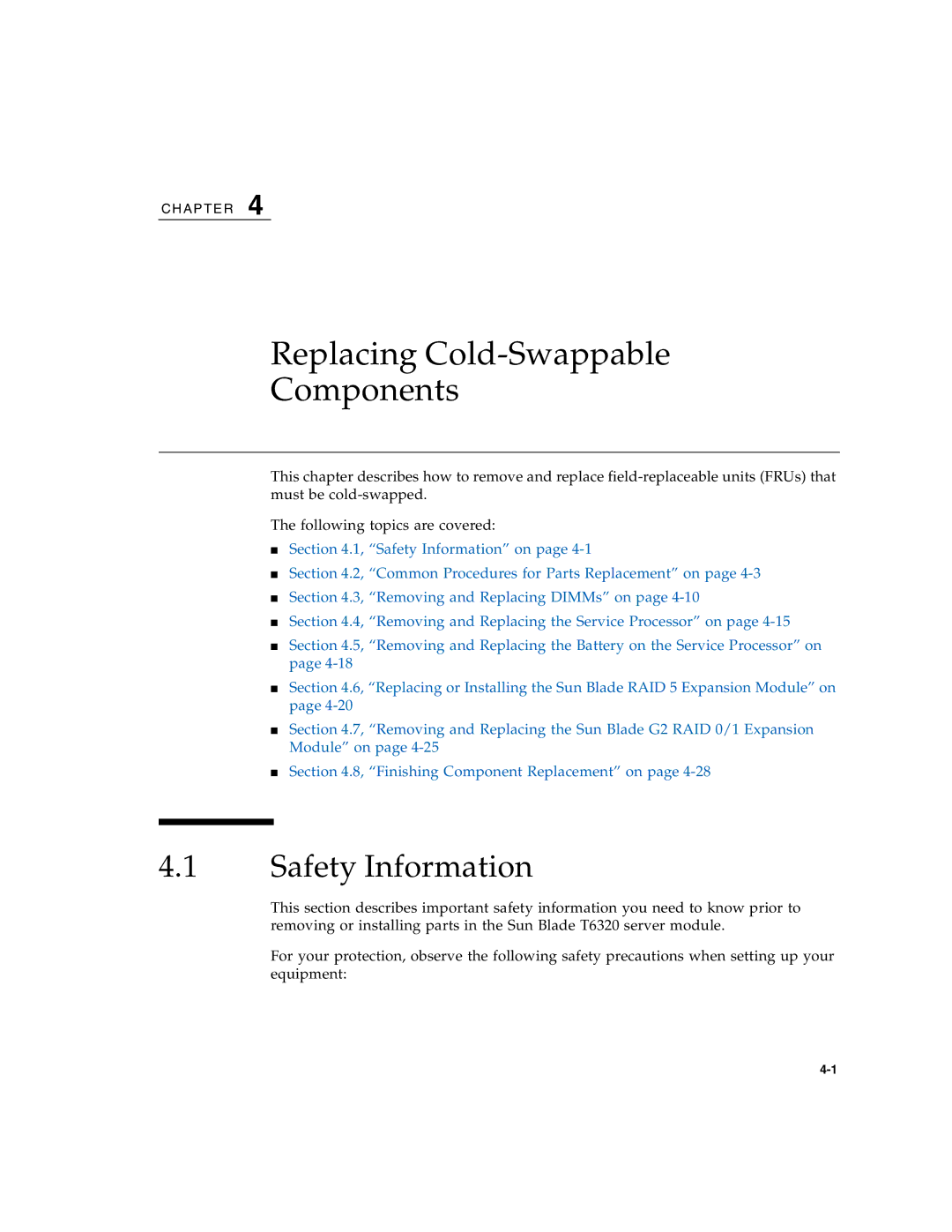 Sun Microsystems T6320 service manual Replacing Cold-Swappable Components, Safety Information 