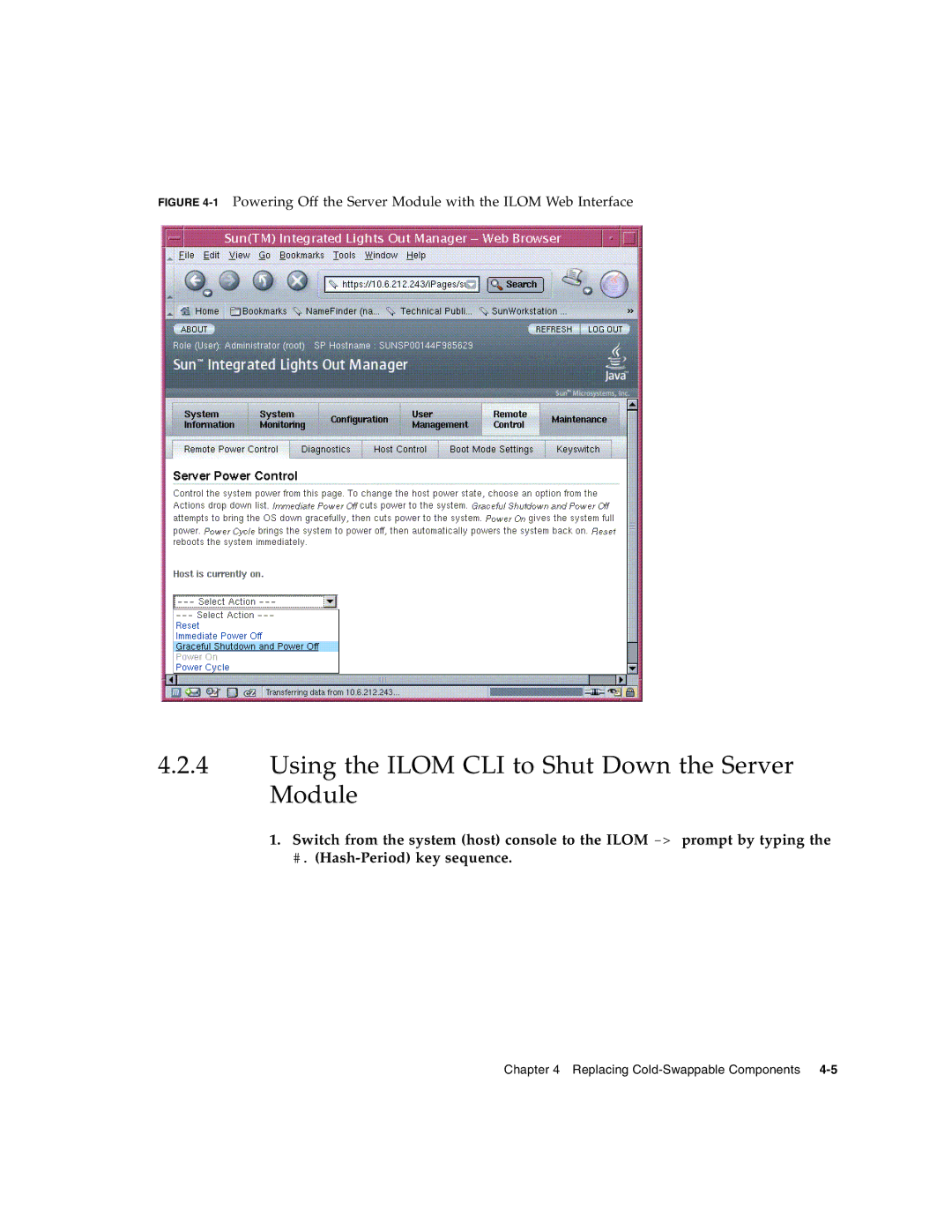 Sun Microsystems T6320 service manual Using the Ilom CLI to Shut Down the Server Module 