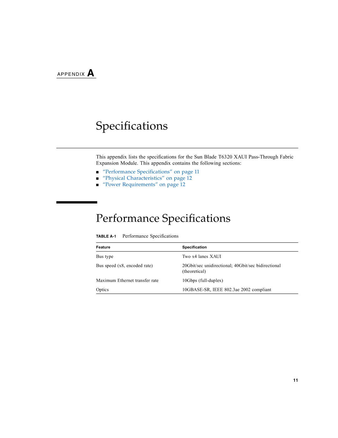 Sun Microsystems T6320 manual Table A-1Performance Specifications 