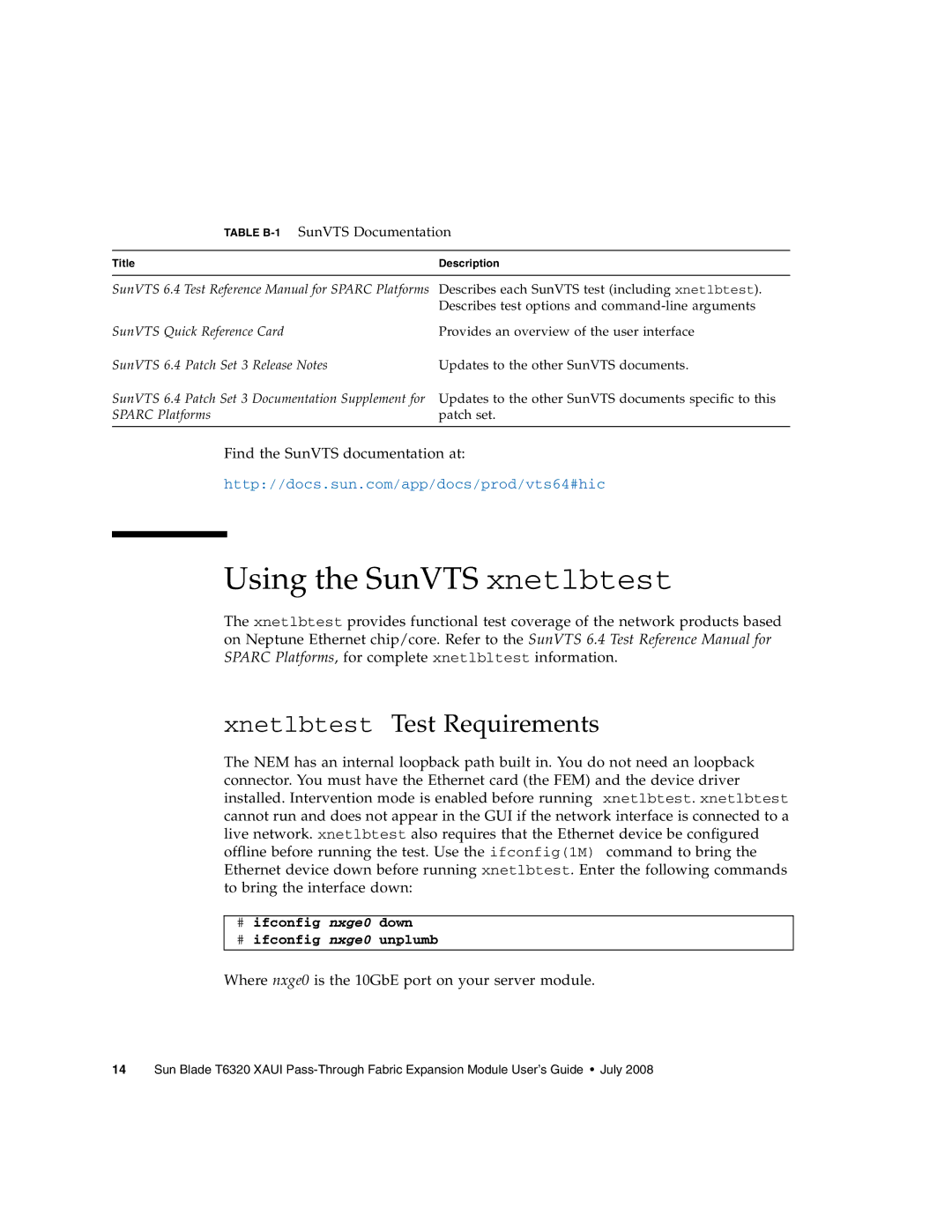 Sun Microsystems T6320 manual Using the SunVTS xnetlbtest, Xnetlbtest Test Requirements, Table B-1SunVTS Documentation 