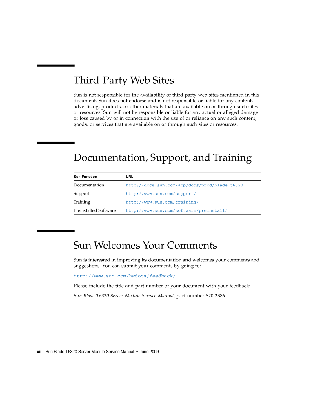 Sun Microsystems T6320 Third-Party Web Sites, Documentation, Support, and Training, Sun Welcomes Your Comments 