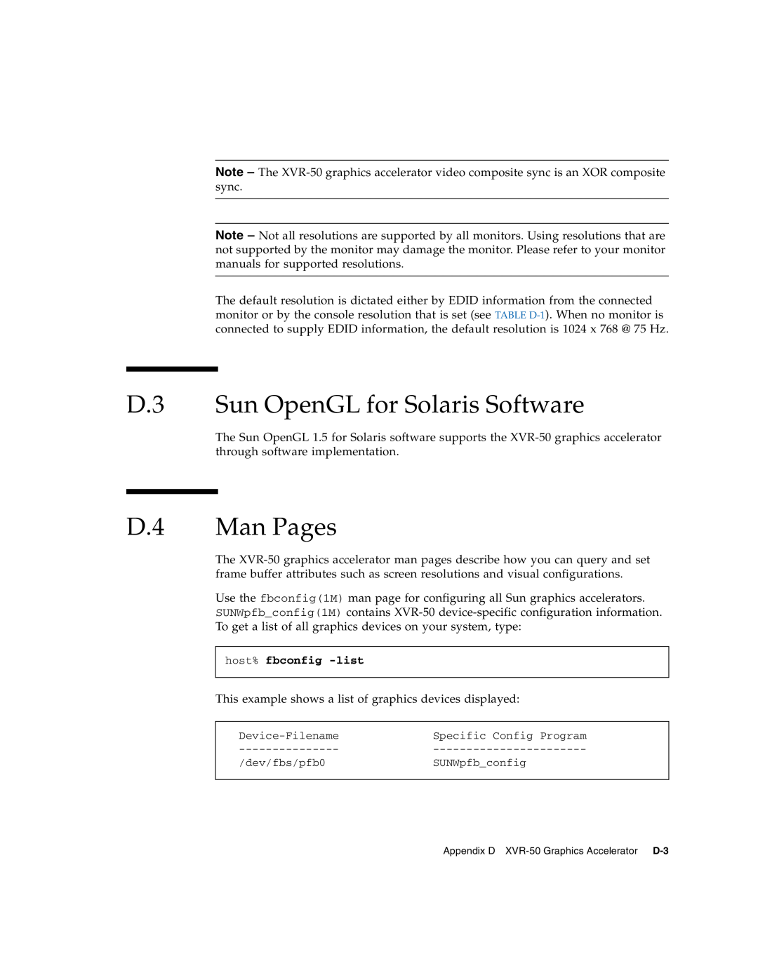 Sun Microsystems T6320 service manual D.3 Sun OpenGL for Solaris Software, D.4 Man Pages, host% fbconfig -list 