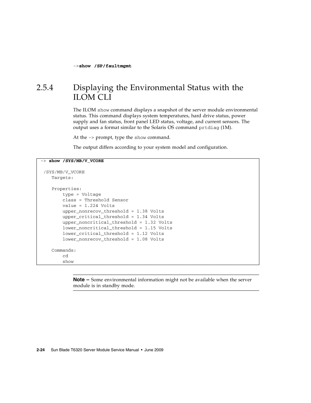 Sun Microsystems T6320 service manual Displaying the Environmental Status with the ILOM CLI, show /SP/faultmgmt 