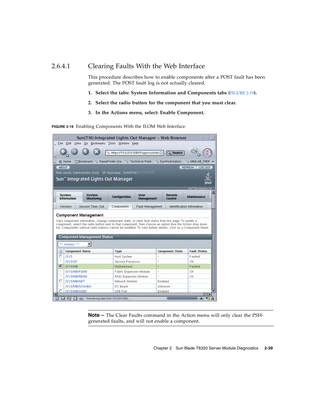 Sun Microsystems T6320 service manual Clearing Faults With the Web Interface, In the Actions menu, select Enable Component 