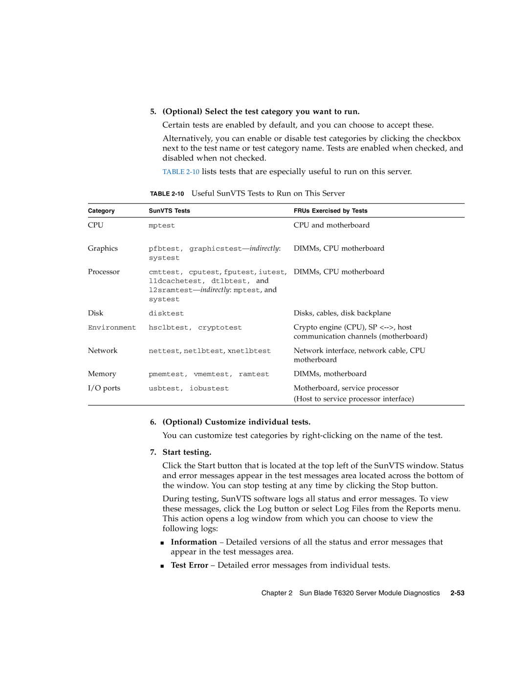 Sun Microsystems T6320 Optional Select the test category you want to run, Optional Customize individual tests 