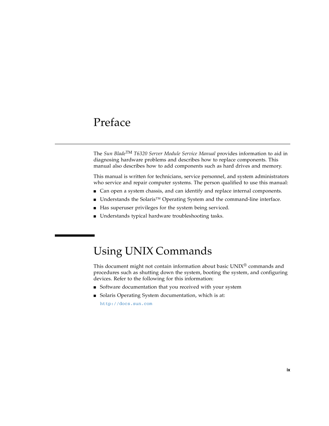 Sun Microsystems T6320 service manual Preface, Using UNIX Commands 