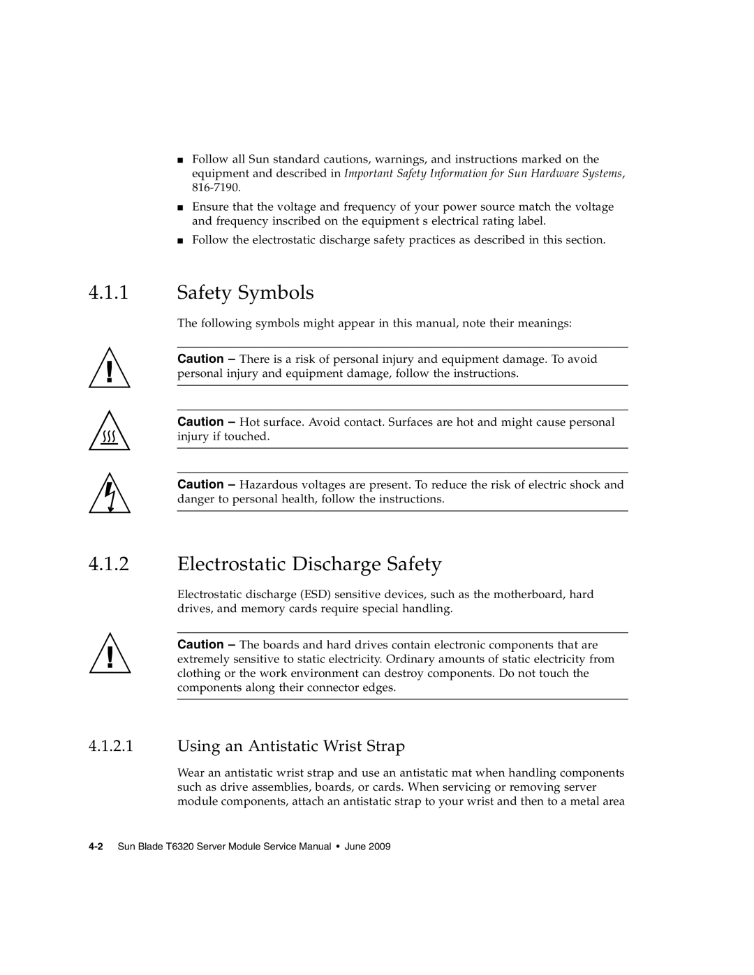 Sun Microsystems T6320 service manual Safety Symbols, Electrostatic Discharge Safety, Using an Antistatic Wrist Strap 
