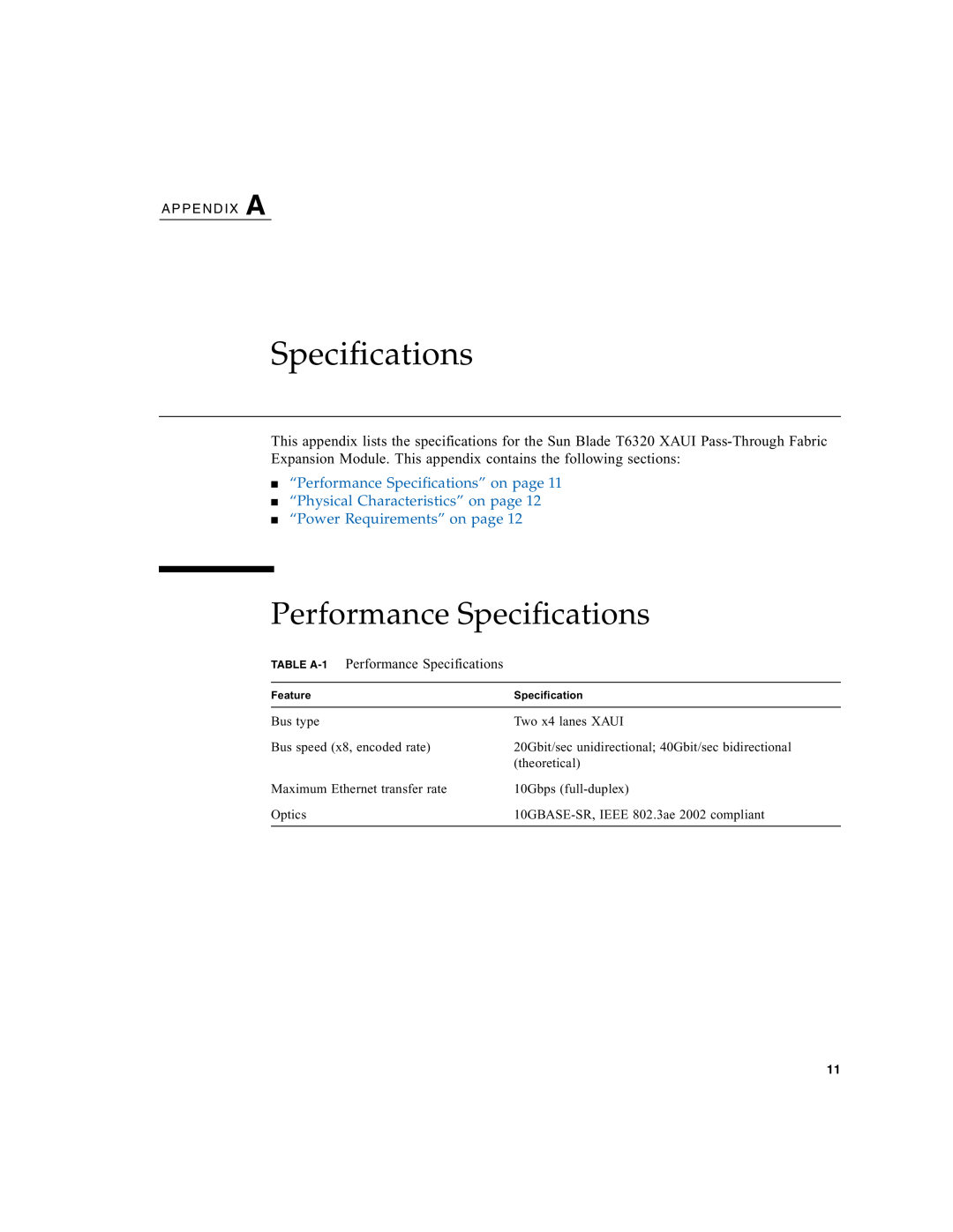 Sun Microsystems T6320 manual “Performance Specifications” on page, TABLE A-1 Performance Specifications 