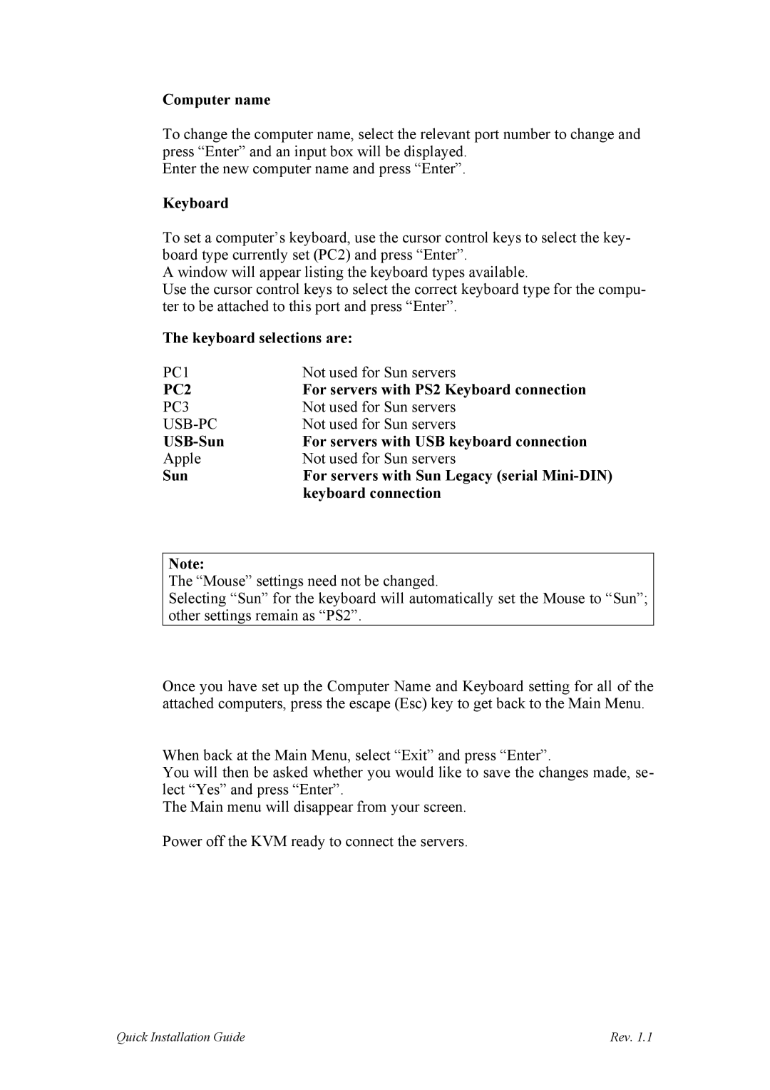 Sun Microsystems UKT-KVM-2U16-Z manual Computer name, Keyboard selections are, For servers with PS2 Keyboard connection 