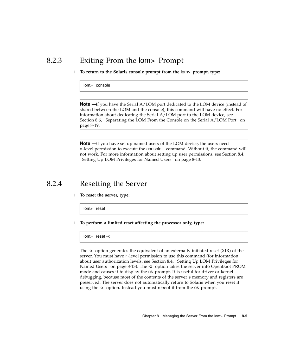 Sun Microsystems V120 manual Exiting From the lom Prompt, Resetting the Server, To reset the server, type 