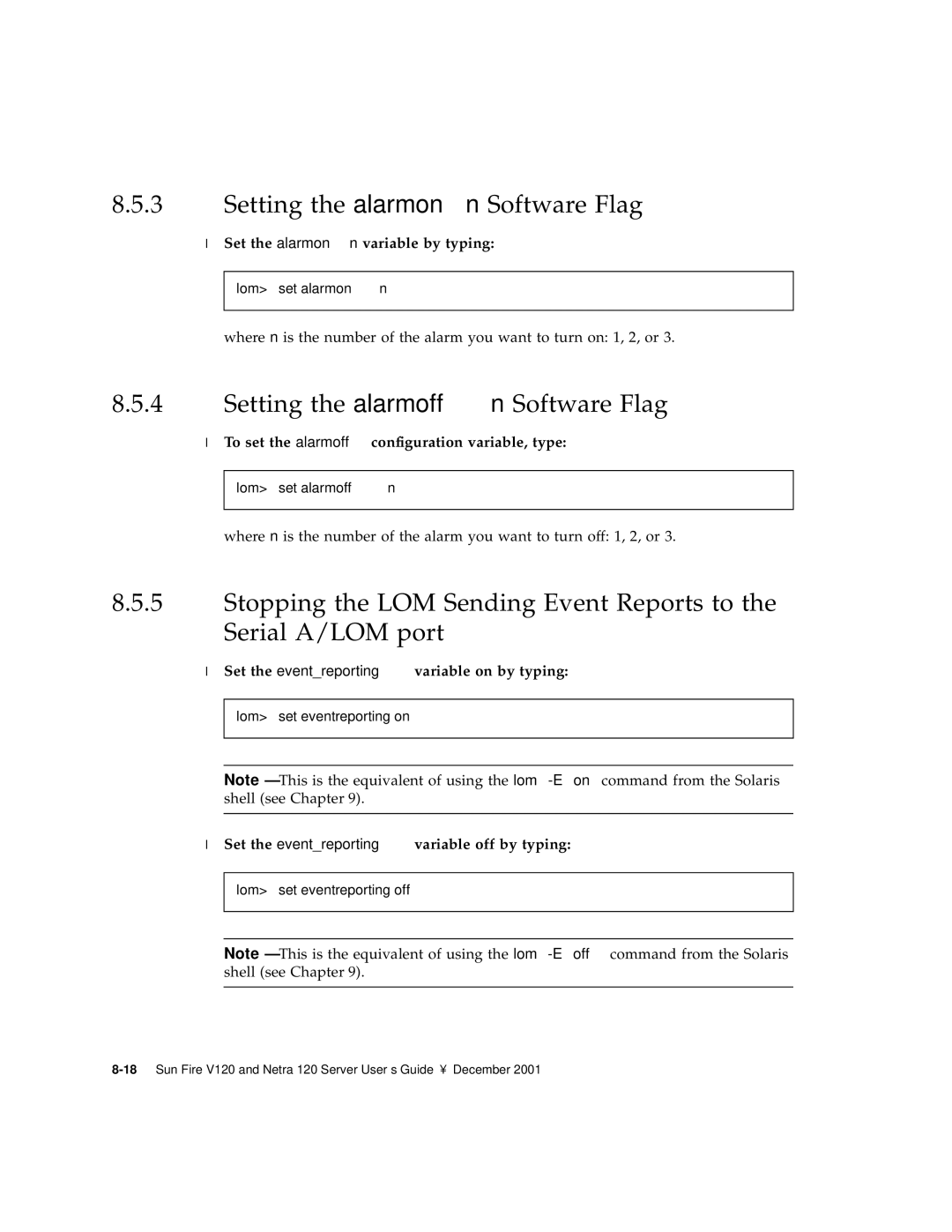 Sun Microsystems V120 manual Setting the alarmon n Software Flag, Setting the alarmoff n Software Flag 