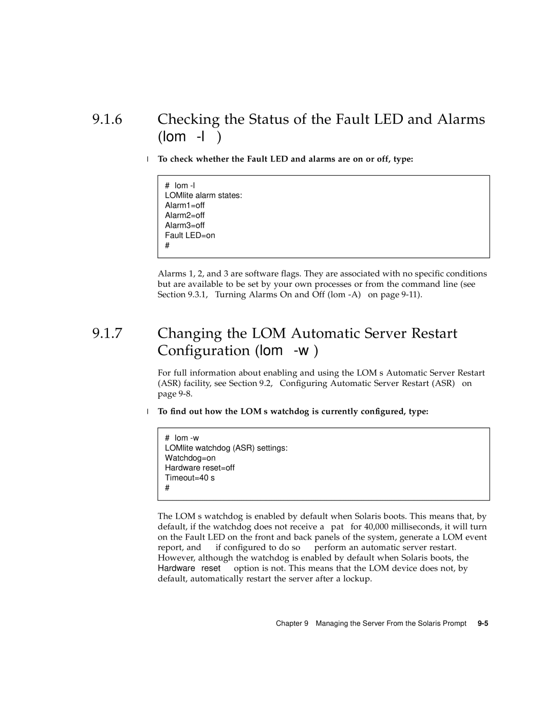 Sun Microsystems V120 manual Checking the Status of the Fault LED and Alarms lom -l 