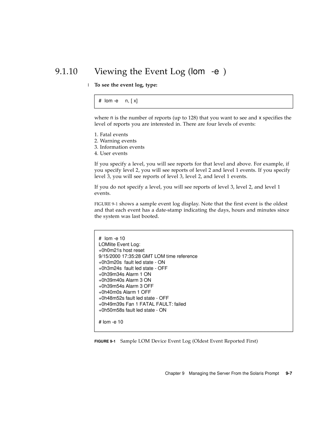 Sun Microsystems V120 manual Viewing the Event Log lom -e, To see the event log, type 