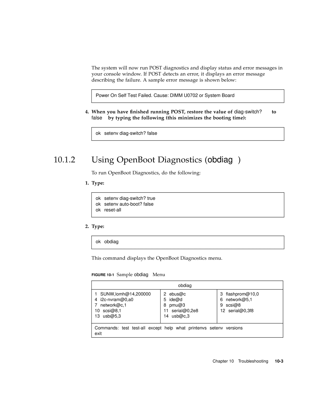 Sun Microsystems V120 manual Using OpenBoot Diagnostics obdiag, This command displays the OpenBoot Diagnostics menu 