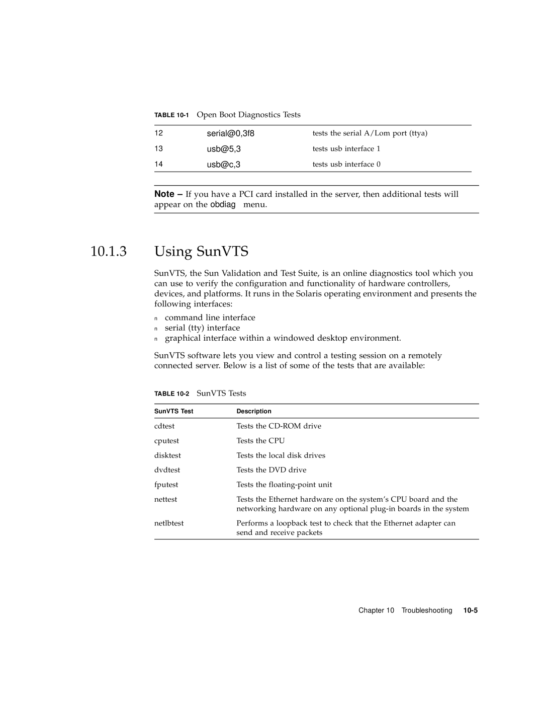 Sun Microsystems V120 manual Using SunVTS, 2SunVTS Tests 