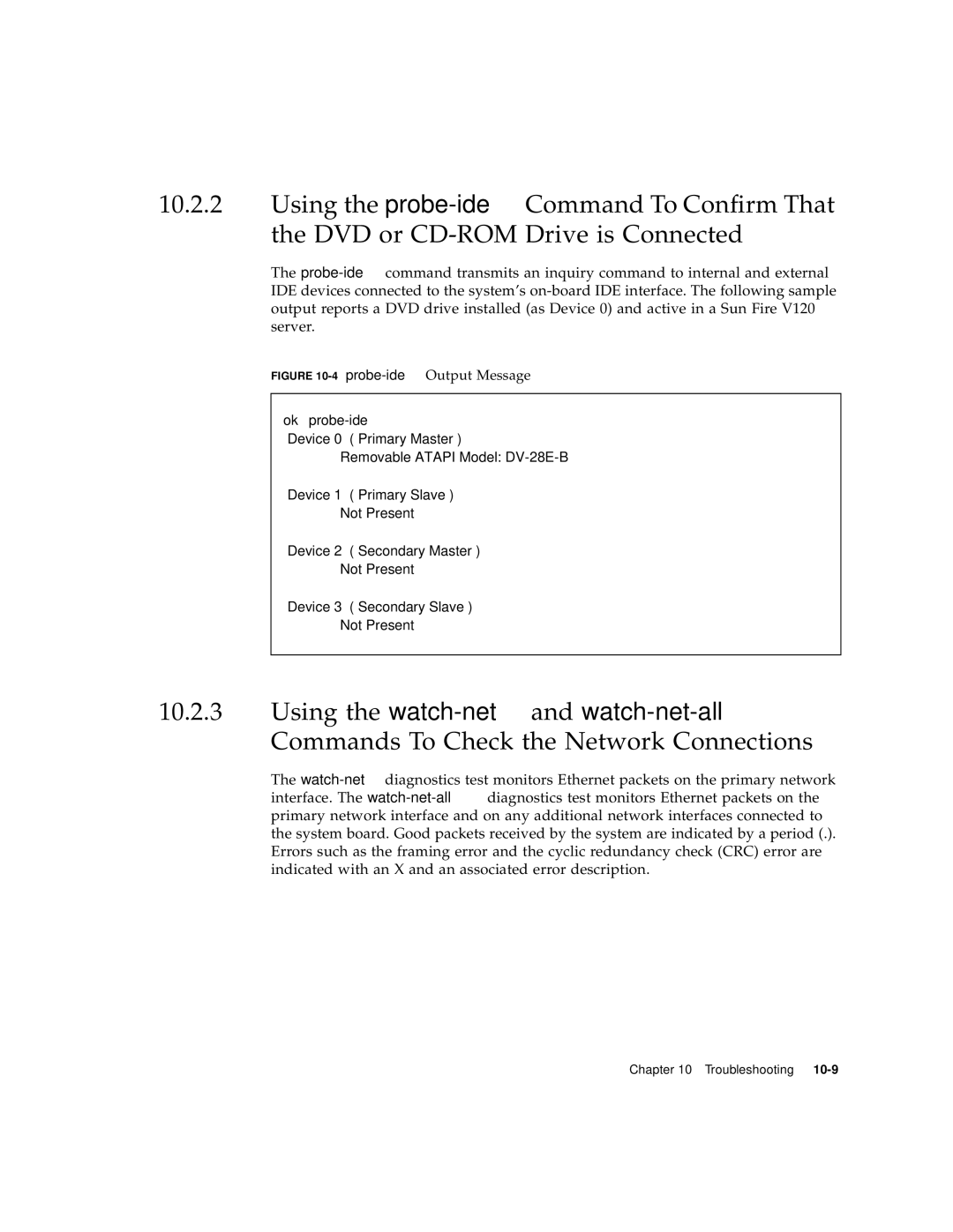 Sun Microsystems V120 manual Commands To Check the Network Connections, Ok probe-ide 