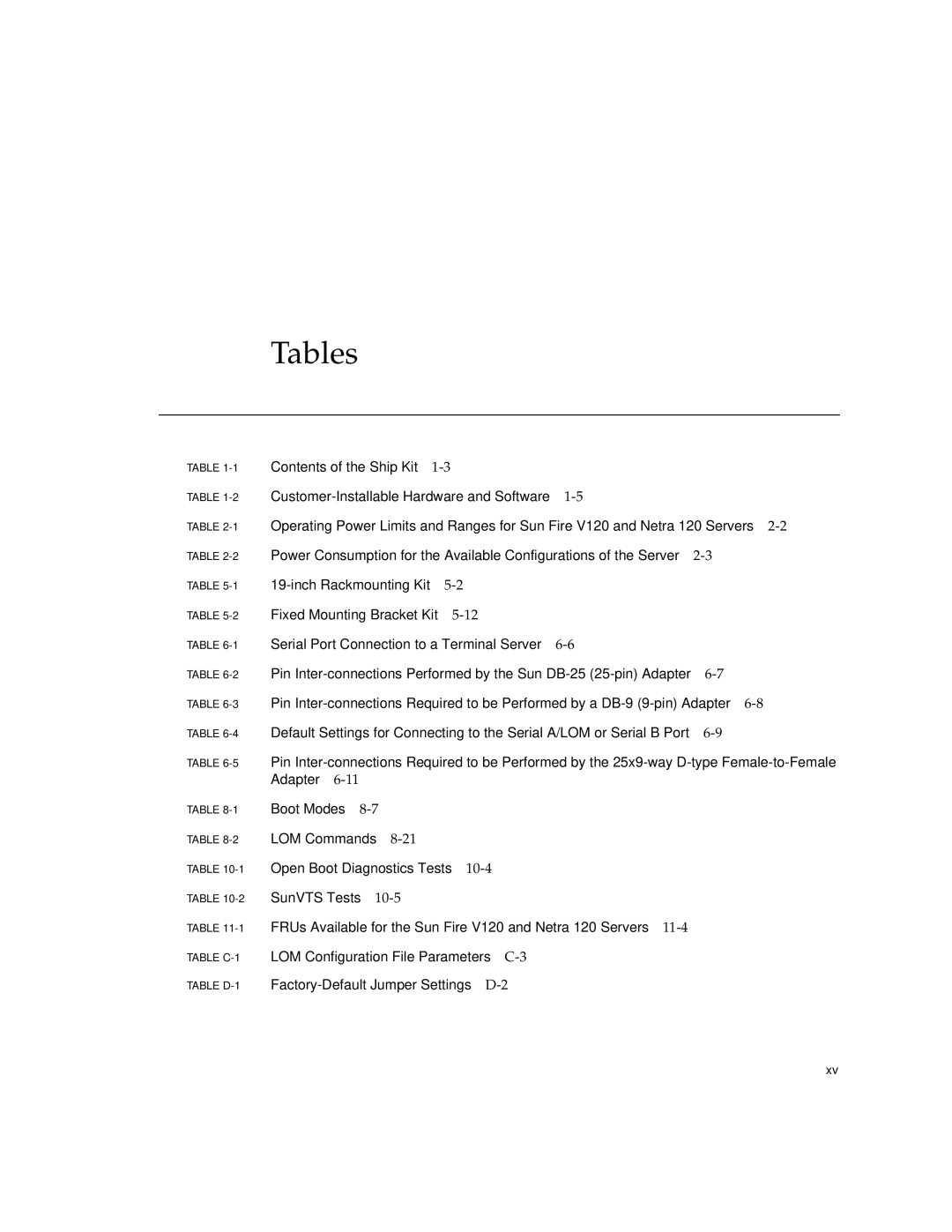 Sun Microsystems V120 manual Tables 