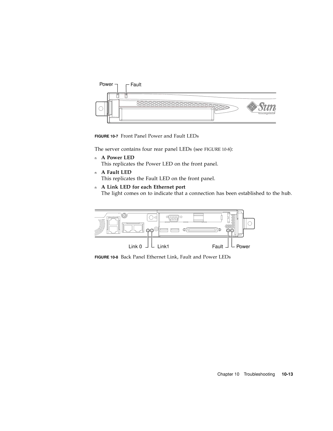 Sun Microsystems V120 manual Power LED, Fault LED, Link LED for each Ethernet port 