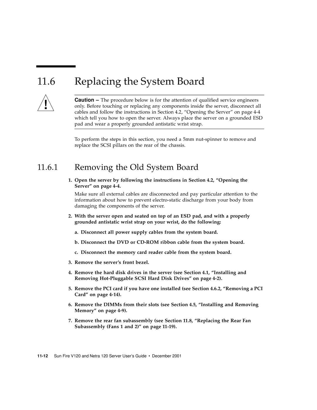 Sun Microsystems V120 manual Replacing the System Board, Removing the Old System Board 