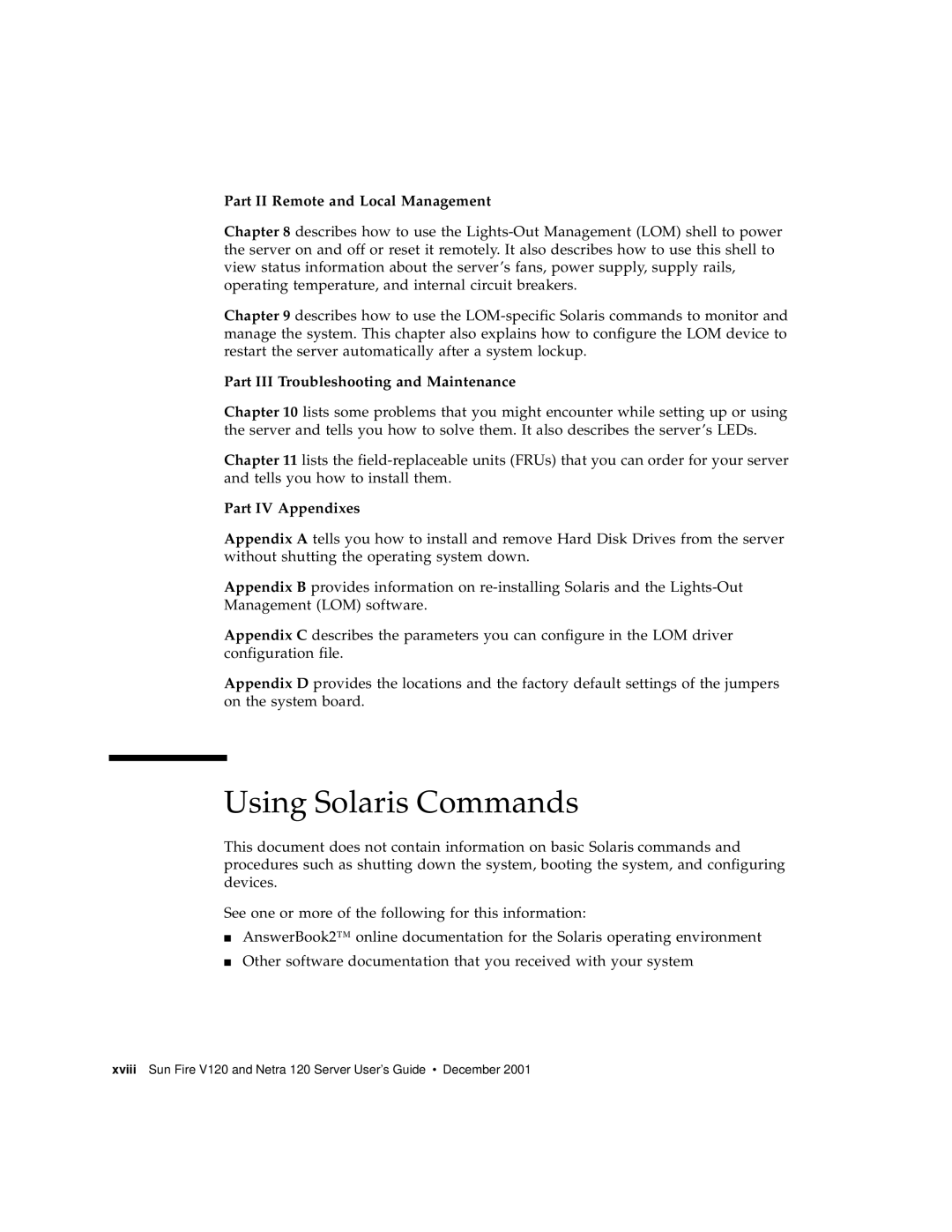 Sun Microsystems V120 manual Using Solaris Commands, Part II Remote and Local Management, Part IV Appendixes 