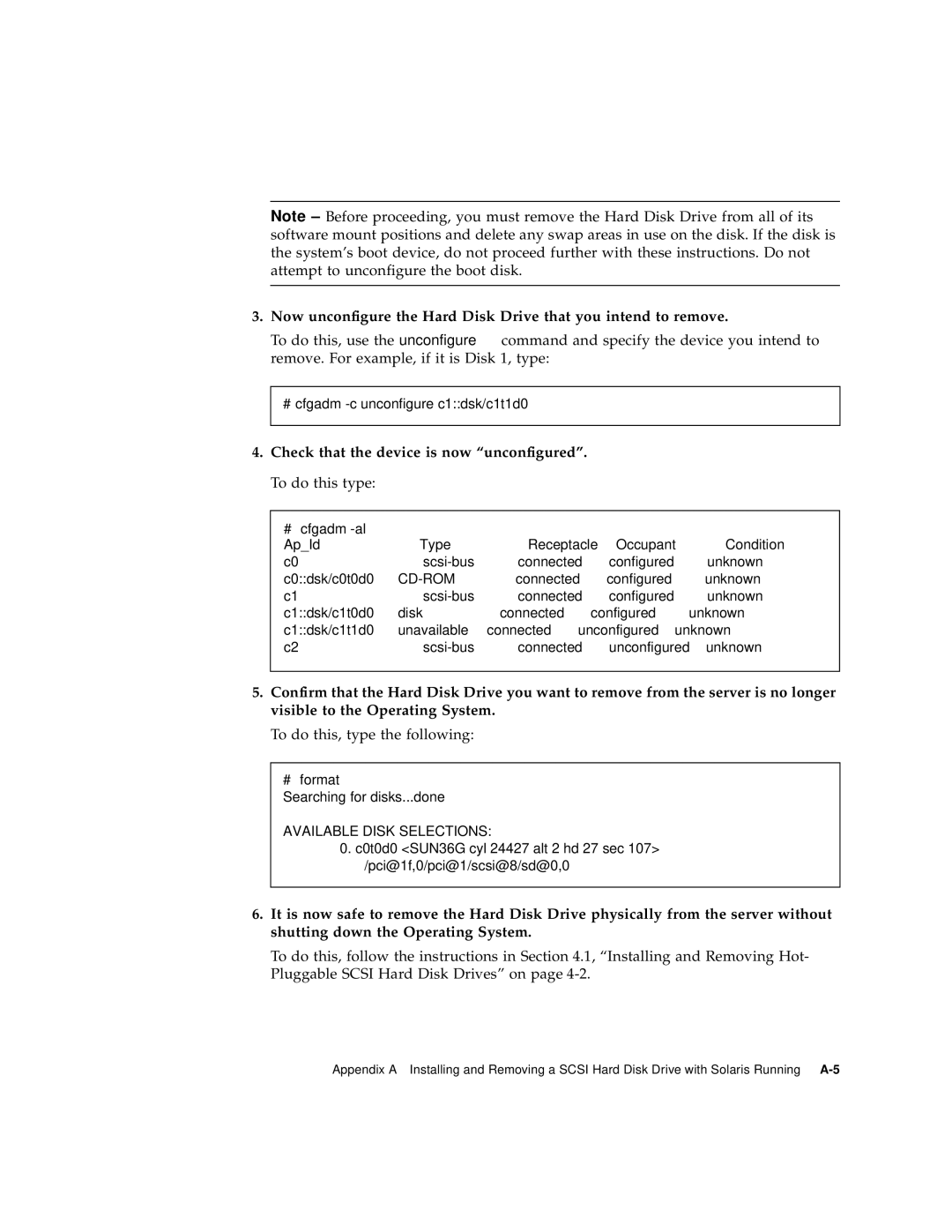 Sun Microsystems V120 manual Check that the device is now unconfigured. To do this type 