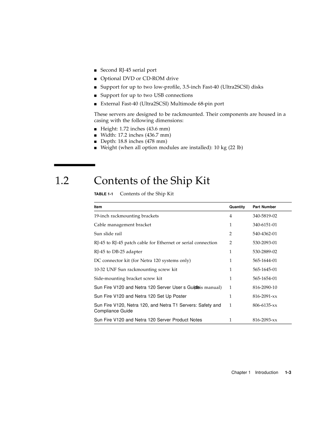 Sun Microsystems V120 manual Contents of the Ship Kit 