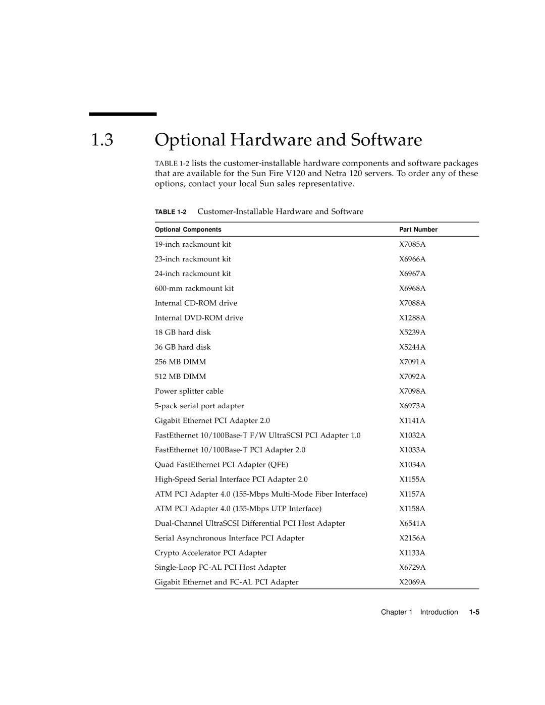 Sun Microsystems V120 manual Optional Hardware and Software, 2Customer-Installable Hardware and Software 