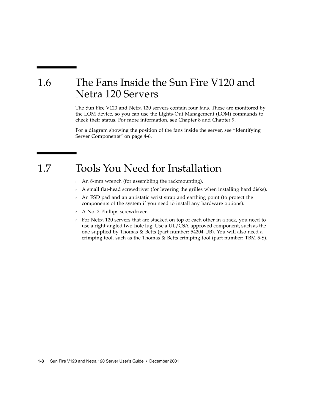 Sun Microsystems manual Fans Inside the Sun Fire V120 and Netra 120 Servers, Tools You Need for Installation 