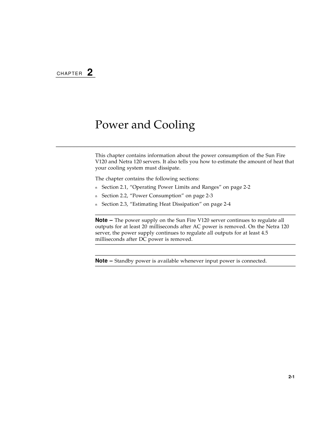 Sun Microsystems V120 manual Power and Cooling 