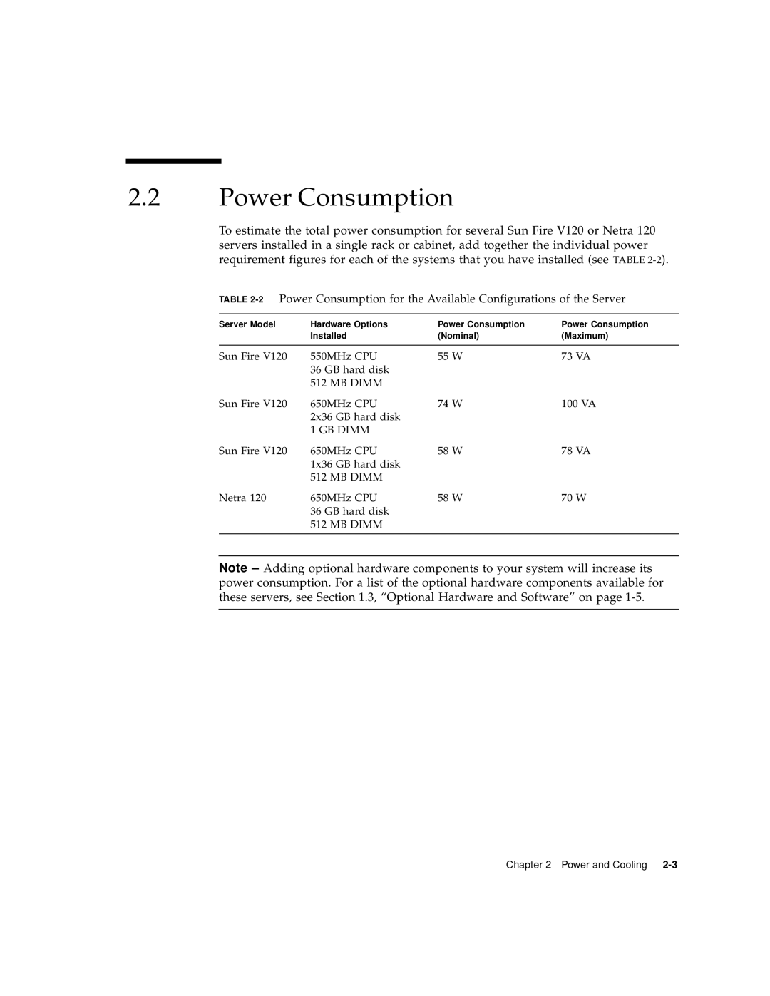 Sun Microsystems V120 manual Power Consumption 