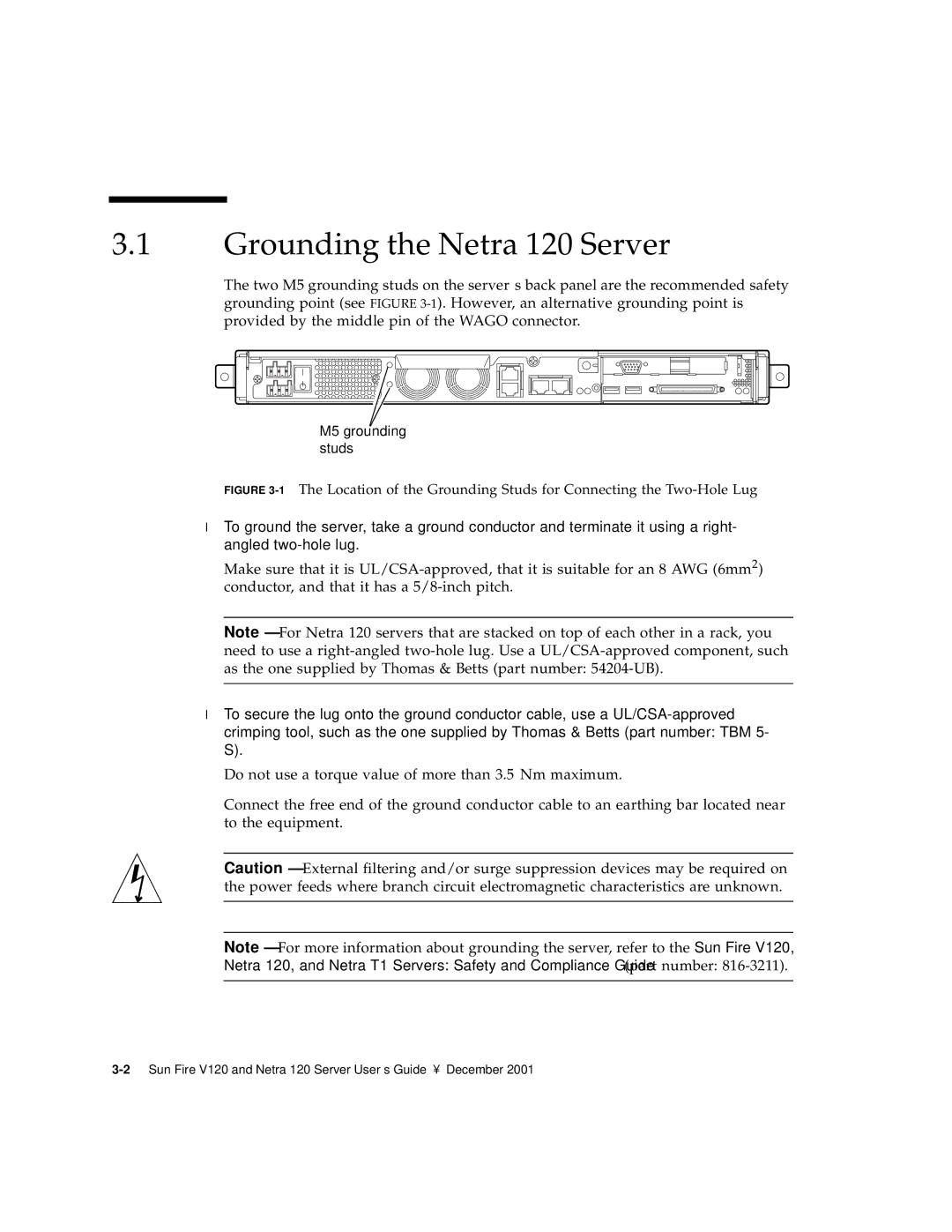 Sun Microsystems V120 manual Grounding the Netra 120 Server 