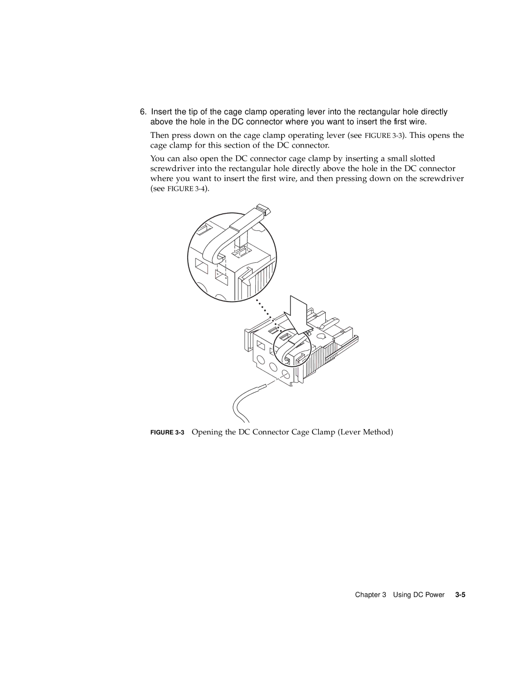 Sun Microsystems V120 manual 3Opening the DC Connector Cage Clamp Lever Method 