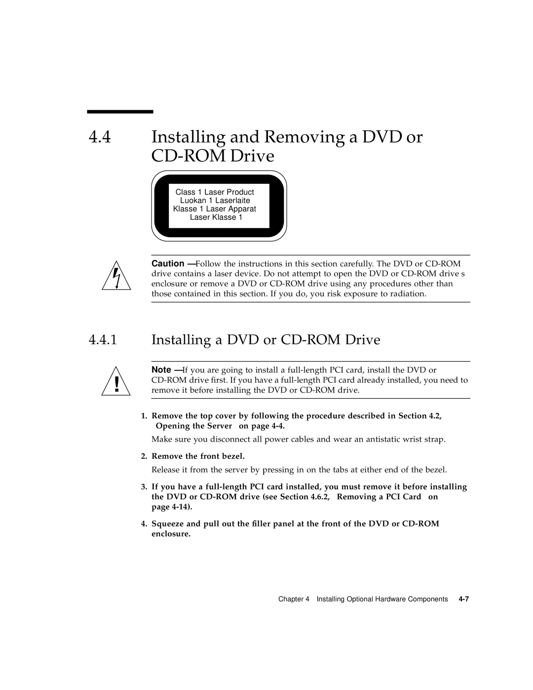 Sun Microsystems V120 manual Installing and Removing a DVD or CD-ROM Drive, Installing a DVD or CD-ROM Drive 