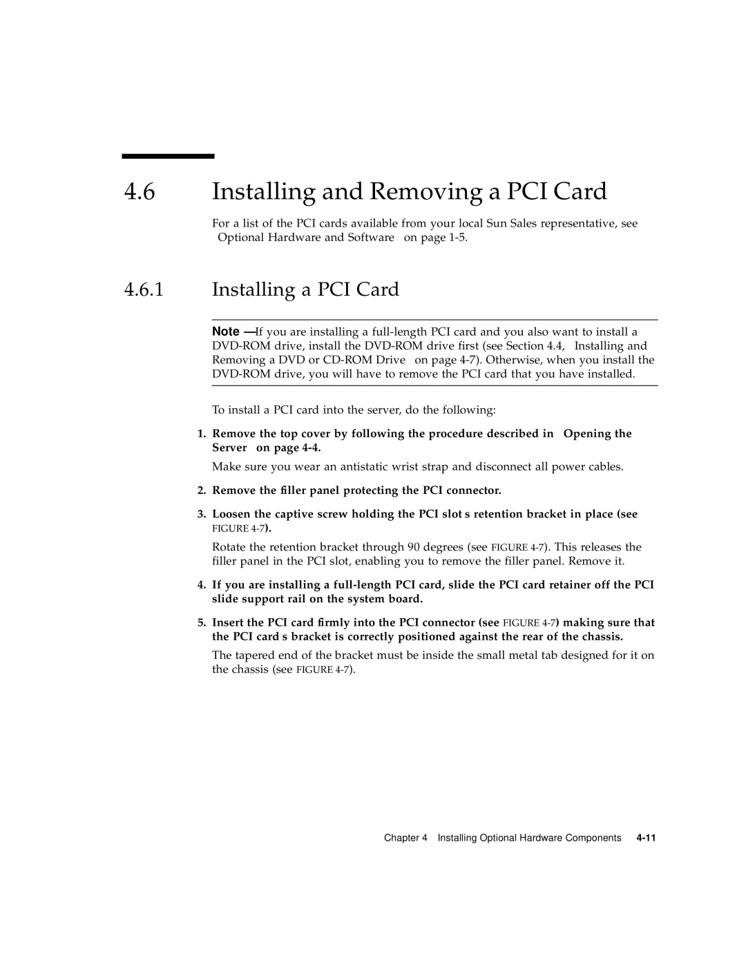 Sun Microsystems V120 manual Installing and Removing a PCI Card, Installing a PCI Card 