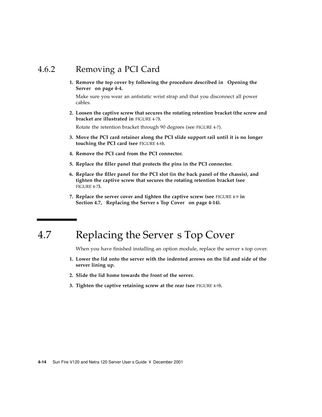 Sun Microsystems V120 manual Replacing the Server’s Top Cover, Removing a PCI Card 